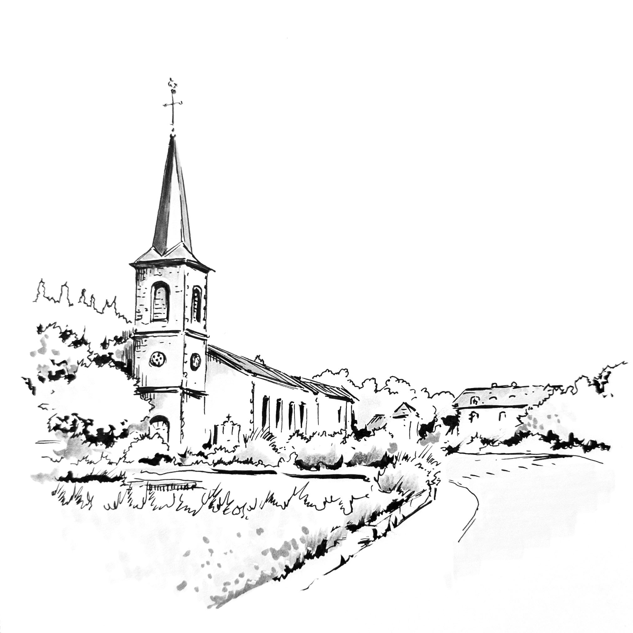 Pen drawing village of Basse-sur-le-Rupt in the Vosges in France